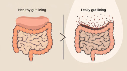 Illustration of Gut Lining Breakdown in Leaky Gut Syndrome, Demonstrating Digestive Health Issues