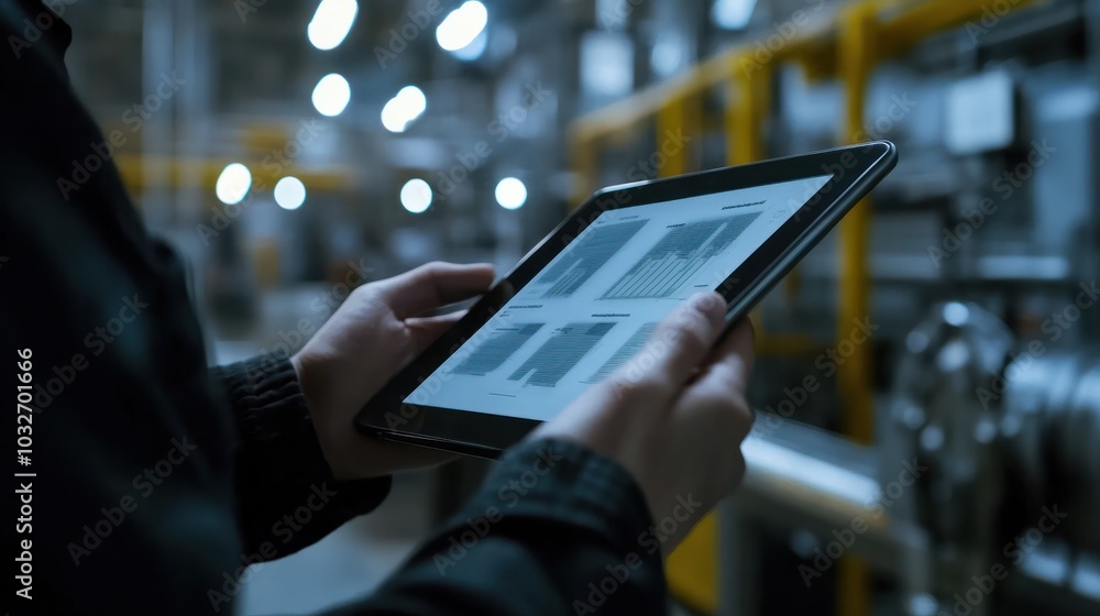 Poster smart industry control concept.hands holding tablet on blurred automation machine as background