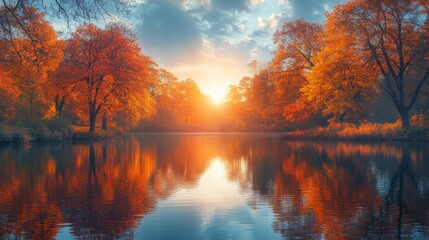The sun sets over a calm lake, illuminating the colorful autumn foliage and creating a mirror-like reflection on the waters surface.