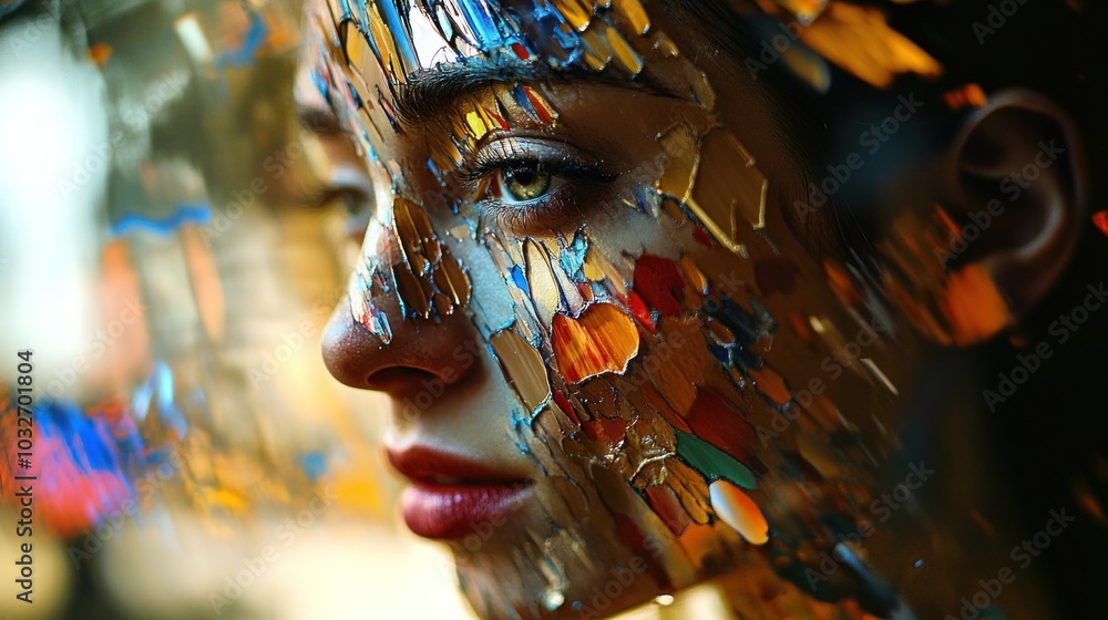 Poster a woman's face is partially obscured by colorful, fragmented shards of paint, creating a surreal and