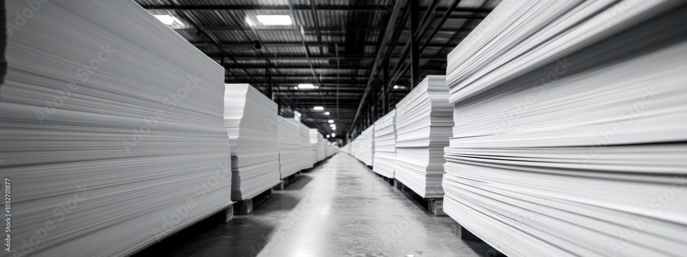 Poster neatly stacked paper sheets, uniform rows of pristine white paper ready for printing, organized and 