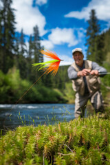Fisherman Casting a Line with a Colorful Fly, Fly Fishing in a Forest River