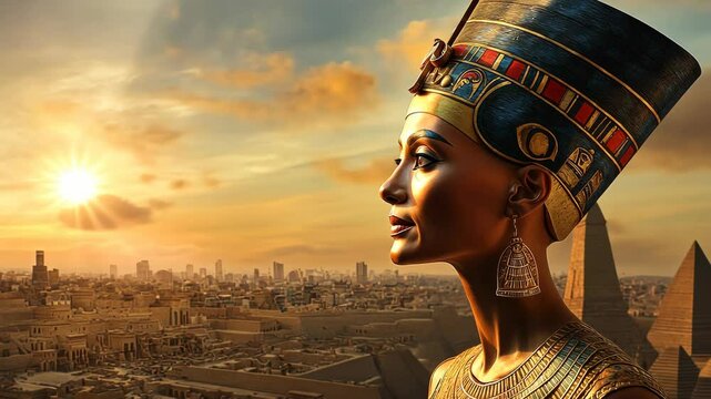 A woman wearing a golden headdress gazes over a cityscape with pyramids in the distance at sunset
