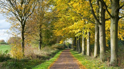 Naklejka premium A scenic path lined with vibrant autumn trees and yellow leaves, creating a tranquil outdoor atmosphere.