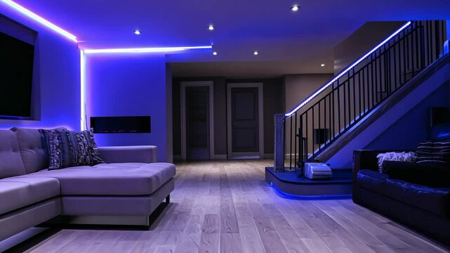 A modern living room with blue LED lights around the perimeter and on the stairs