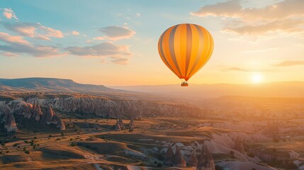 Fototapeta premium Gorgeous sunrise view of the rocky Cappadocia countryside, complete with vibrant hot air balloon rides over the deep valleys and gorges. Travel with a concept banner in Turkey. 
