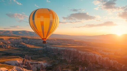 Obraz premium Gorgeous sunrise view of the rocky Cappadocia countryside, complete with vibrant hot air balloon rides over the deep valleys and gorges. Travel with a concept banner in Turkey. 