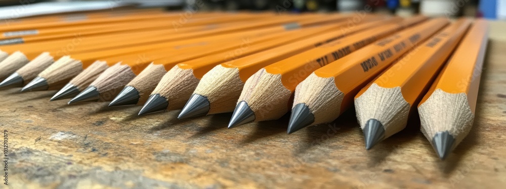 Poster uniformly sharpened pencils aligned in a precise row, showcasing their readiness for creative expres