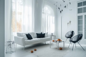 Minimalist White Living Room with Halloween Pumpkin Decor and Spider Decorations