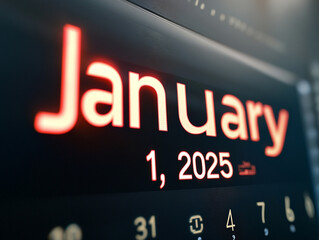 Obraz premium Digital calendar highlighting the first day of 2025, featuring bold red numbers and a countdown to a new beginning