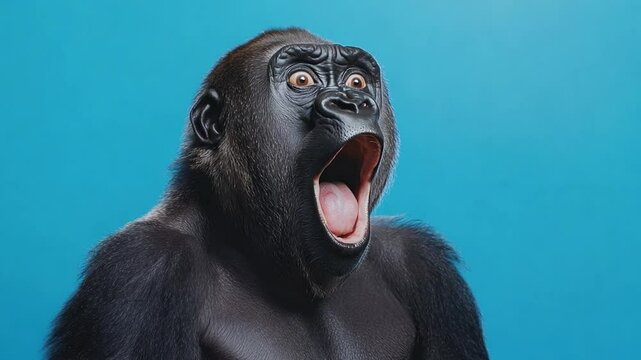 A gorilla is captured in a moment of surprise with its mouth wide open, set against a striking blue backdrop that enhances its features