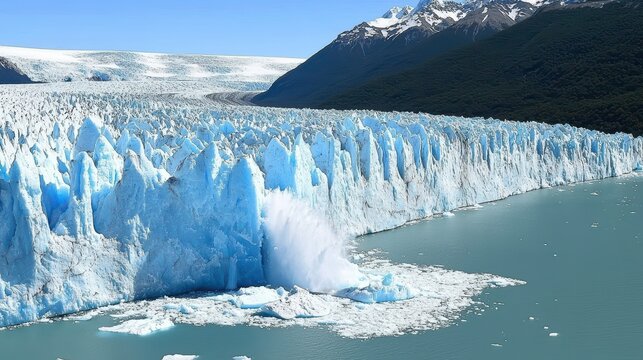 A stunning view of a massive glacier calving into a serene blue lake surrounded by mountains.