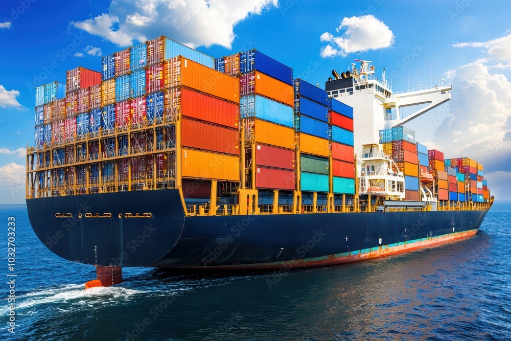 Poster a vibrant container ship navigating through clear waters, showcasing a colorful array of shipping co