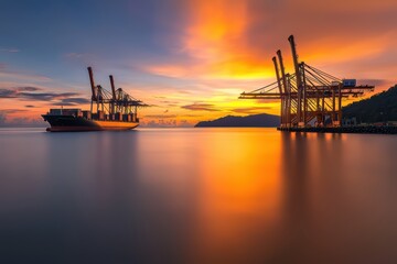 Obraz premium A vibrant sunset over a harbor with cargo ships and cranes silhouetted against the colorful sky.