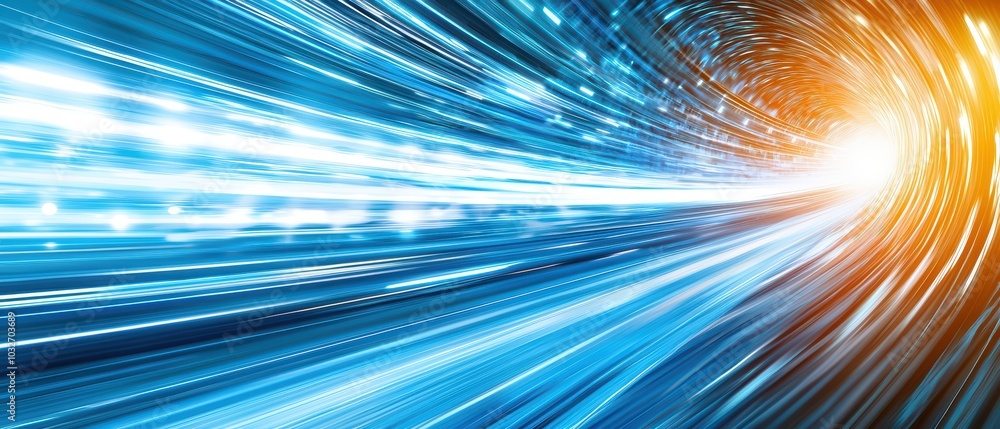Poster abstract light tunnel with blue and orange tones, creating a sense of speed and movement.