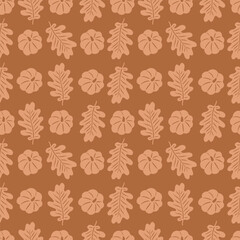 Seamless pattern with pumpkin, oak leaves on white background. Perfect for wallpaper, gift paper, autumn greeting cards.