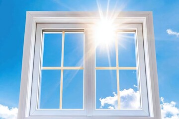 Bright sunlight shining through a modern window against a clear blue sky.