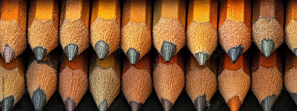 Poster uniformly sharpened pencils arranged in a straight line, showcasing precision and readiness for writ
