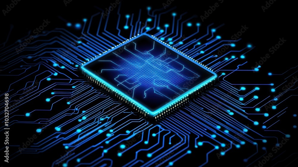 Poster close-up of a blue microchip with glowing circuits on a black background, representing advanced tech