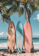 Two surfboards resting on a sandy beach under palm trees during a sunny day