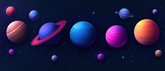 Colorful illustration of planets in space, showcasing a variety of celestial bodies and vibrant colors against a dark background.