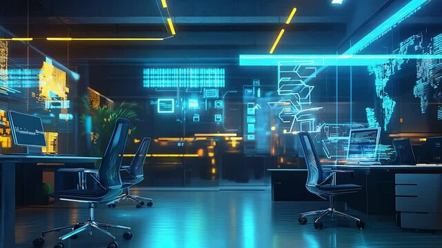 A sleek office space illuminated by orange and blue lights, showcasing advanced technology and a calm, productive atmosphere during the evening