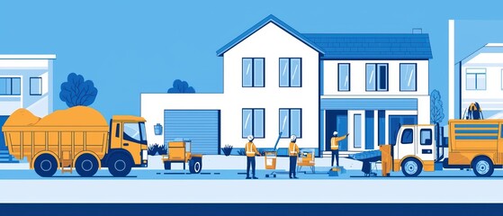 Naklejka premium Construction workers operating machinery on a residential site, with trucks and equipment. Vibrant illustration.