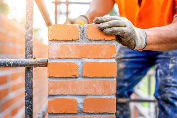 Construction worker laying bricks on a building site, focused on quality and craftsmanship.