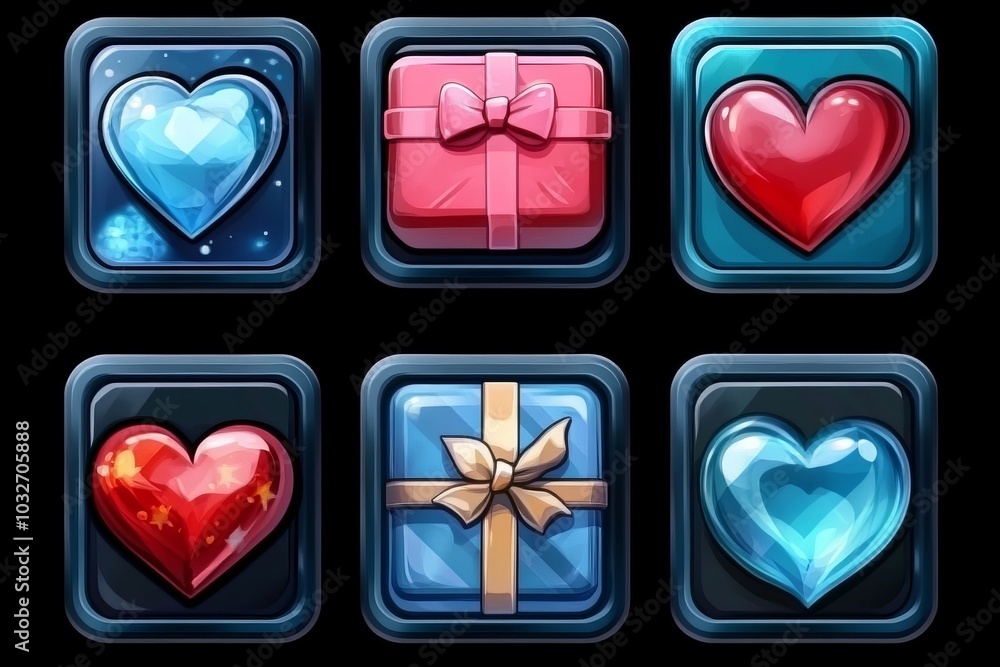 Poster glossy icons representing hearts and presents arranged in a grid format showcasing vibrant colors an