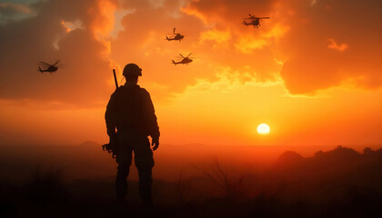 Fototapeta premium A soldier standing on a battlefield at dusk, silhouetted against a fading sky, embodying courage and resilience amidst the remnants of conflict.