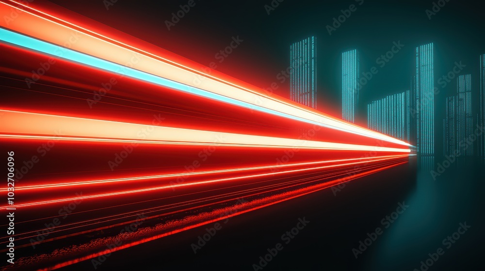 Poster dynamic light trails in a futuristic urban setting, creating a vibrant and high-tech atmosphere.