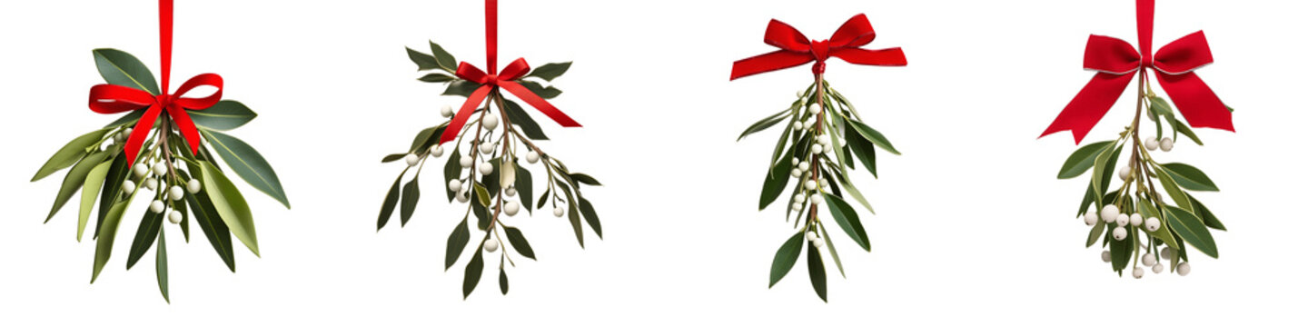 Hanging Mistletoe with Red Bow Collection Set PNG isolated on transparent and white background