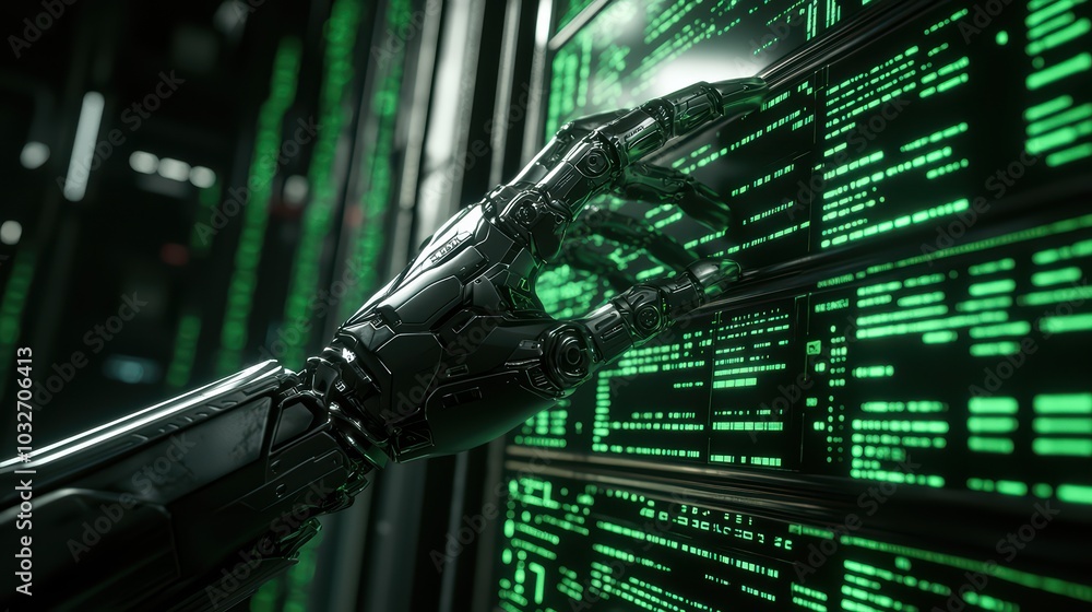 Aufkleber futuristic robotic hand interacting with glowing data panels.