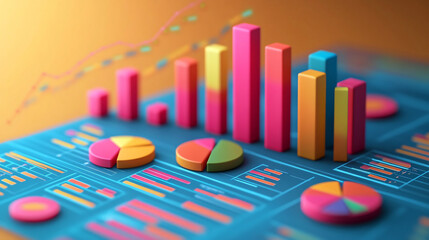 3D colorful data visualizations in the form of charts and graphs, representing financial analysis and statistical information with a modern abstract aesthetic.