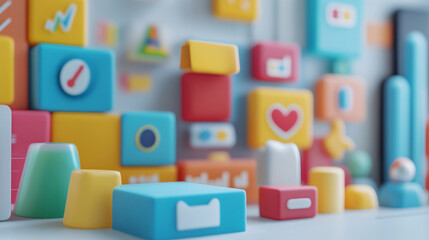 Playful arrangement of colorful 3D data icons, including graphs, charts, and symbols, perfect for representing various data-driven concepts in a fun and engaging way.