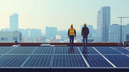 View on the rooftop solar power plant with two engineers walking and examining photovoltaic panels. Concept of alternative energy and its service