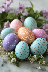 Fototapeta premium Colorful polka dot eggs arranged on a rustic wooden table in a spring setting