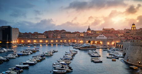 Dubrovnik marina in the old town at dusk, Croatia.