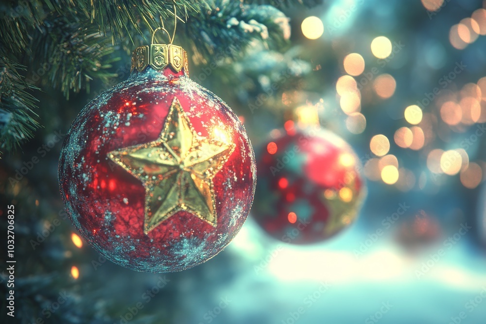 Poster shimmering red and gold christmas ornaments on a tree with glowing lights in the background creating