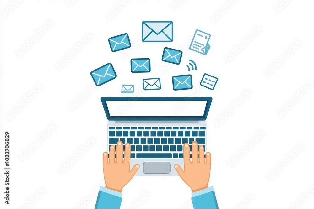 Poster hands typing on a laptop with floating email icons, representing digital communication and remote wo