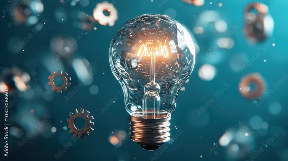 Poster illuminated light bulb against a dynamic background, showcasing gears and abstract elements of innov