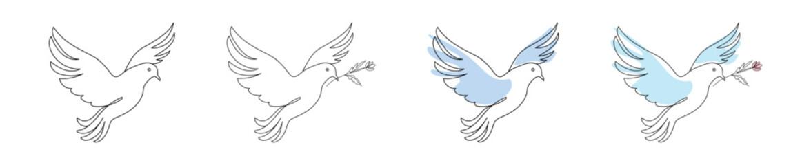 Set of Four Dove Illustrations with Flowers in Blue Tones on White Background. Pigeons in flight. Concept of Peace, Love, Minimalist Style, Decorative Art, freedom, hope. Print, Icon, Design Element