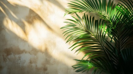 Indoor green plant casting shadows on a textured wall in warm afternoon light