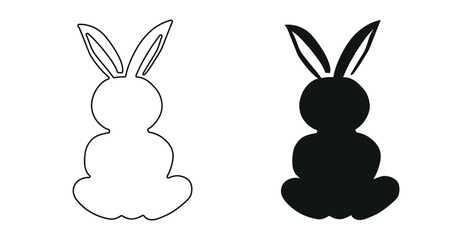 Set of Black Silhouette and Outline of Toy Rabbits Isolated on White Background. Easter Bunny. Cute hare. Concept of Toy Animal, Pet Illustration, Minimalist Style. Design Element, Icon, Print, Logo