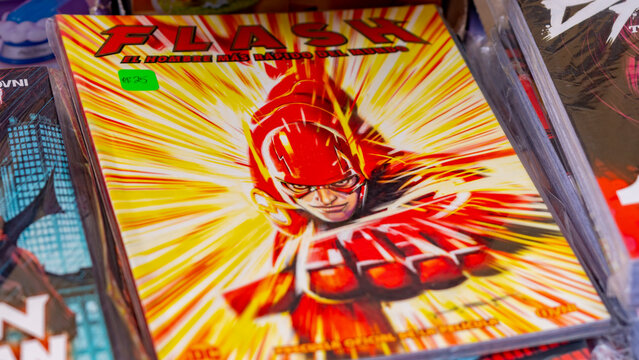 Budokan Geek Convention In GUAYAQUIL, ECUADOR - Close-up of The Flash comic book cover, featuring the iconic superhero in a dynamic pose, on display at a comic shop.