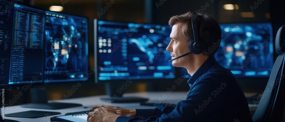 Poster professional man using multiple monitors with headset for data analysis in a modern workspace.
