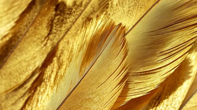 Golden feathers shimmer in the sunlight, creating a beautiful, textured pattern