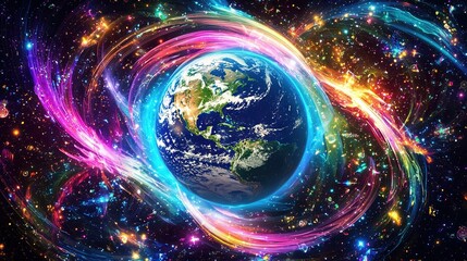 Obraz premium A photo of Earth surrounded by vibrant swirls and stars against a dark backdrop, with Earth positioned at the center
