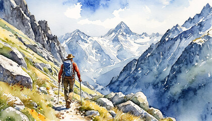 Hiker walking in mountain, artistic watecolour painting