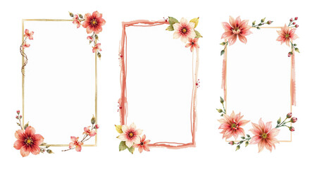 frames set with white and red, dahlia flowers and philodendron leaves, isolated on white background, paint style card, stylish brush strokes